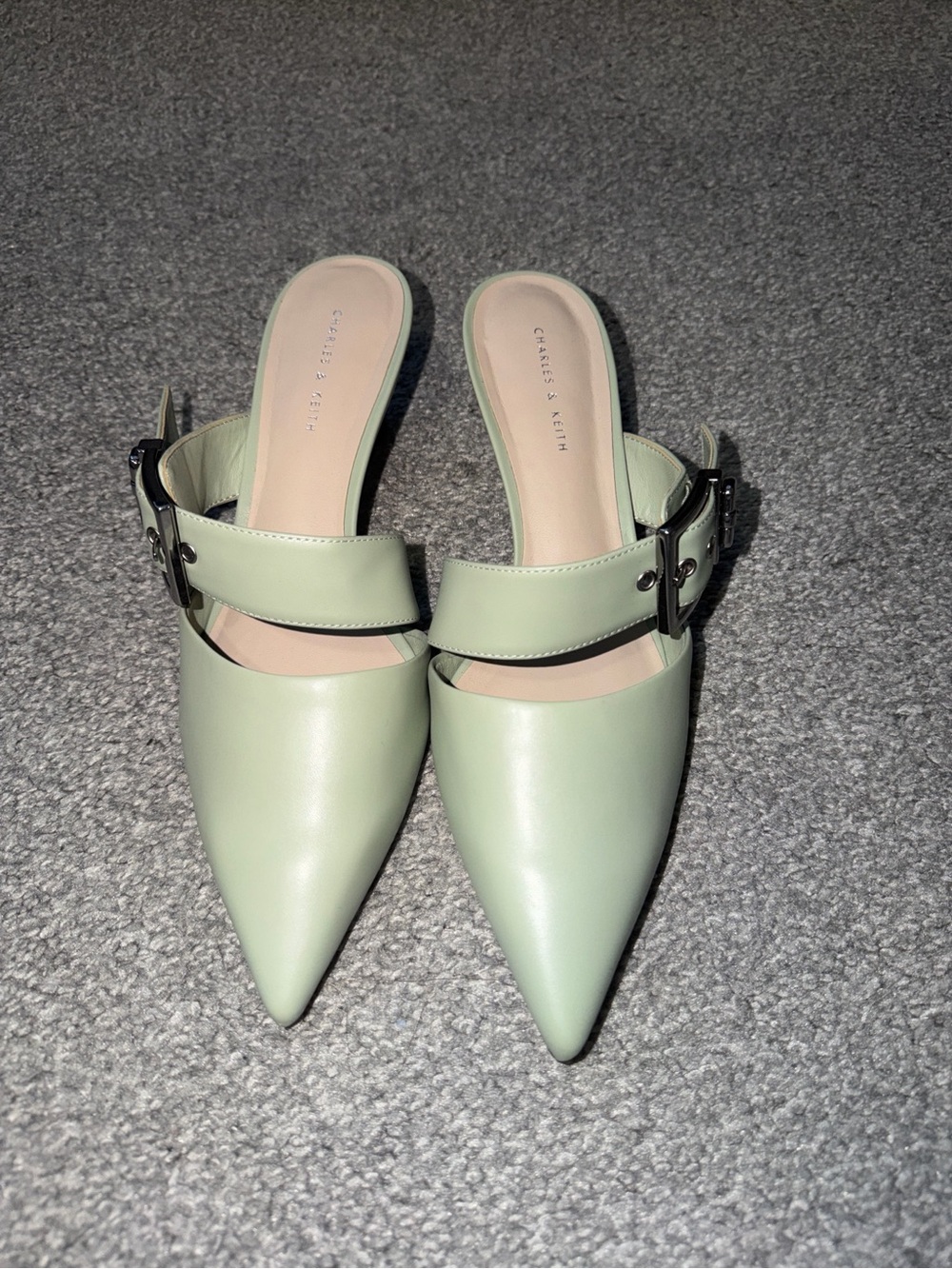 Charles & Keith Pastel Green Pointed-Toe Buckle Mule